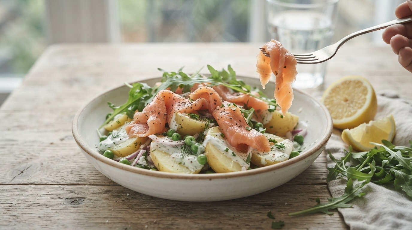Lauwwarme aardappelsalade met gerookte zalm