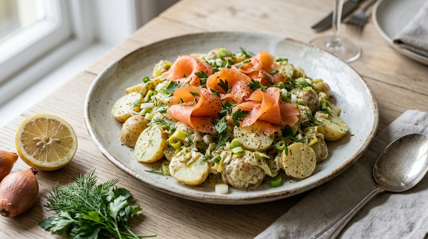 Lauwwarme aardappelsalade met lenteuitjes en gerookte zalm