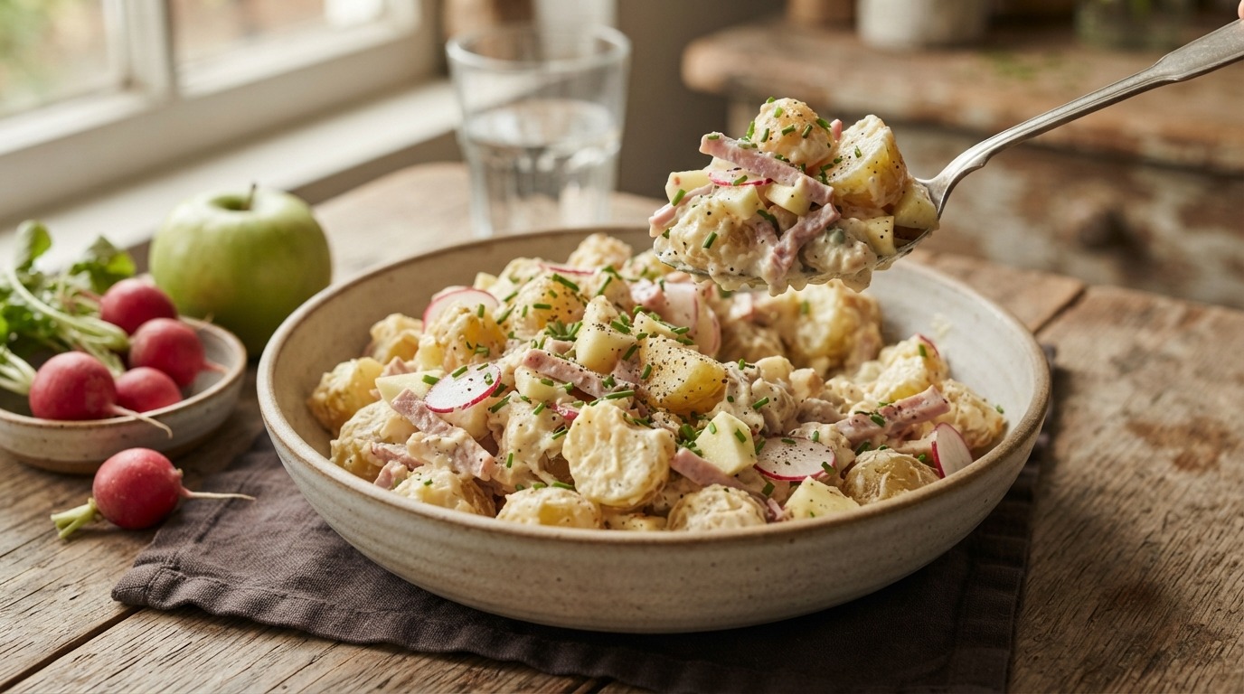 Lauwwarme aardappelsalade met roomkaas