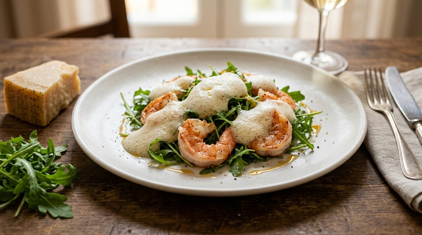 Lauwwarme Salade van Gamba's, Rucola en Kaasschuim