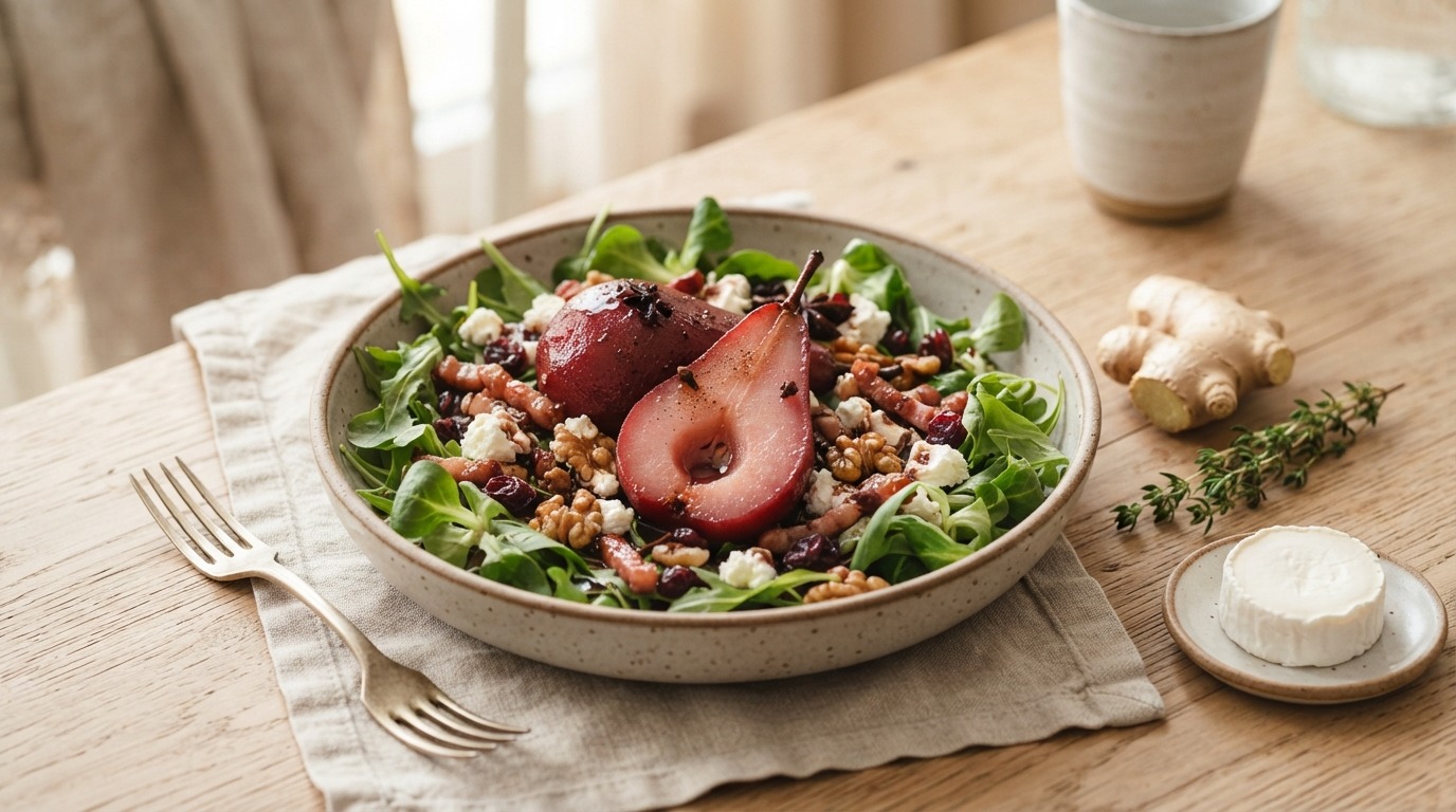 Lauwwarme salade van stoofpeertjes