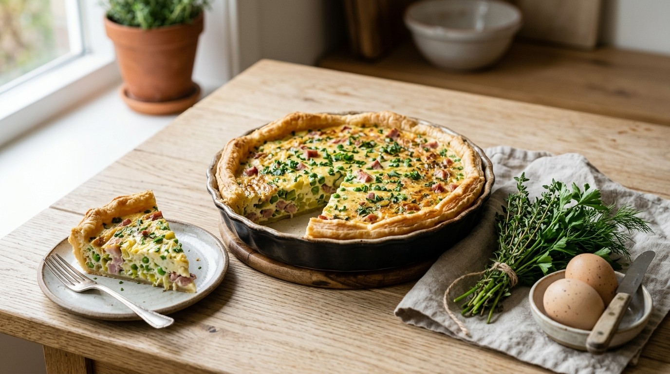 Lentequiche van Prei, Tuinerwtjes en ham