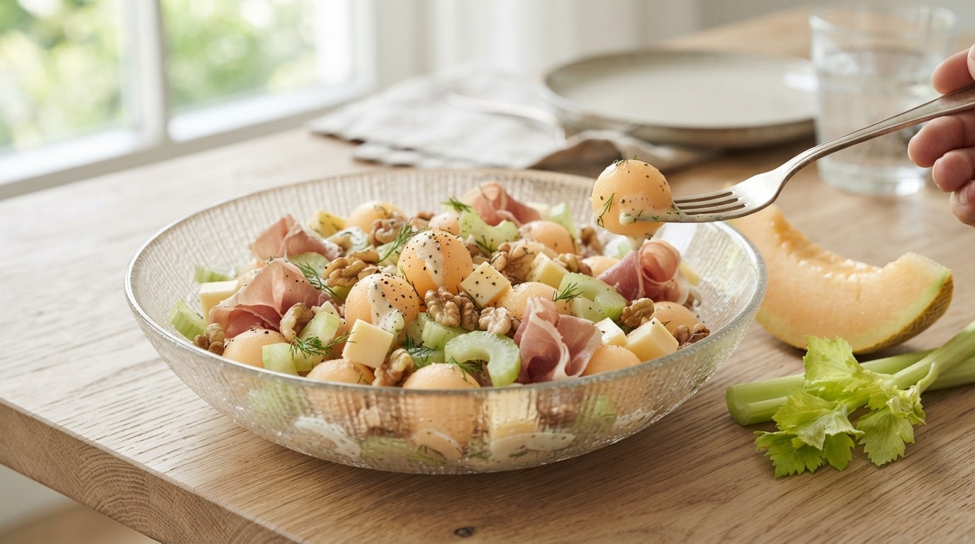 Lentesalade met bleekselderij, meloen, ham en kaas