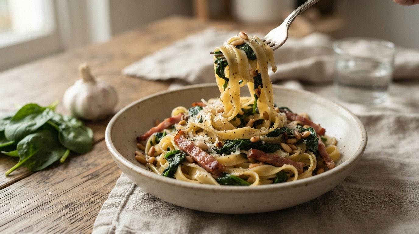 Light tagliatelle met ham en spinazie