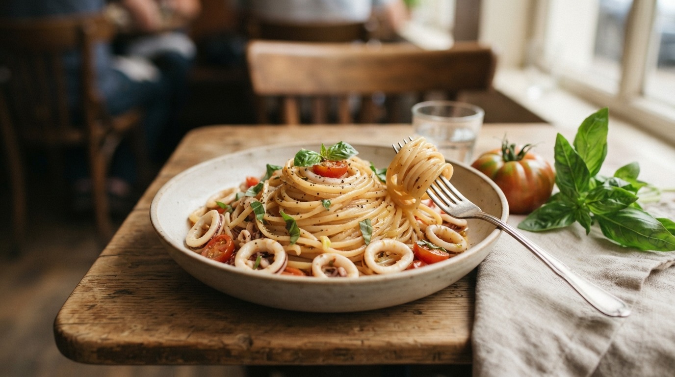 Linguine met kleine inktvisringen
