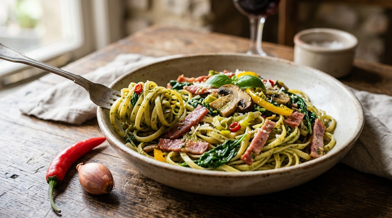 Linguine met Spinazie, ham & Salami