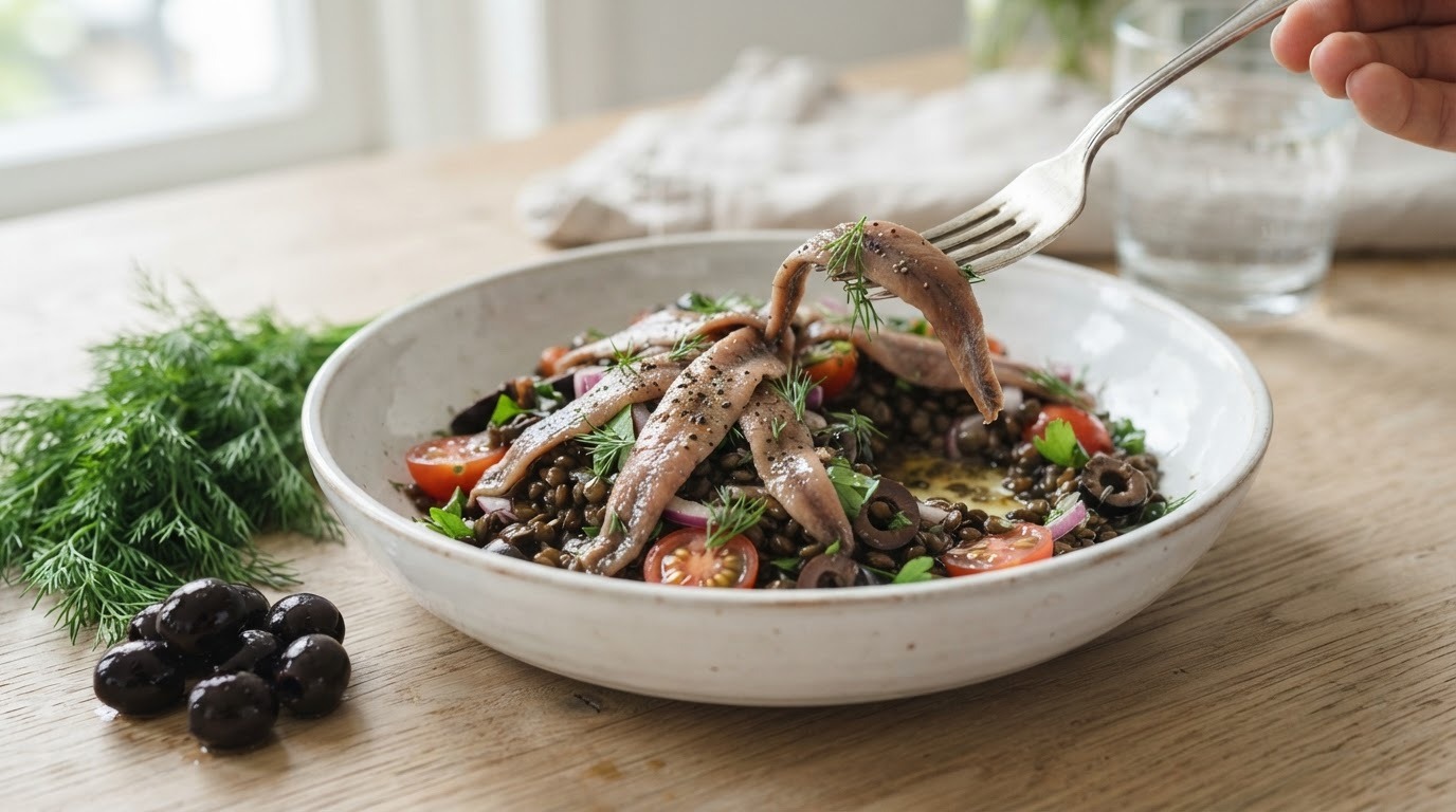 Linzensalade met ansjovis en mosterdvinaigrette