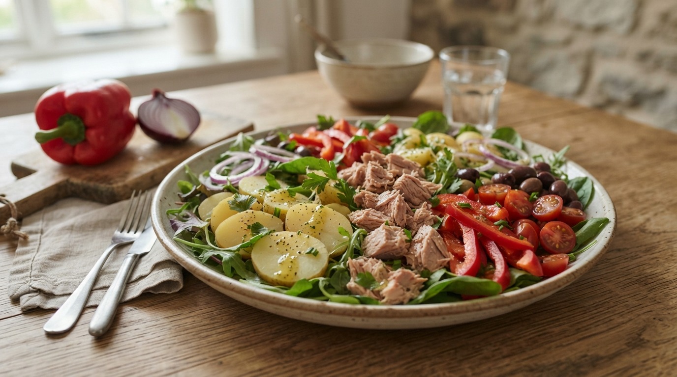 Maaltijd salade met aardappel, tonijn, paprika, tomaat en ui
