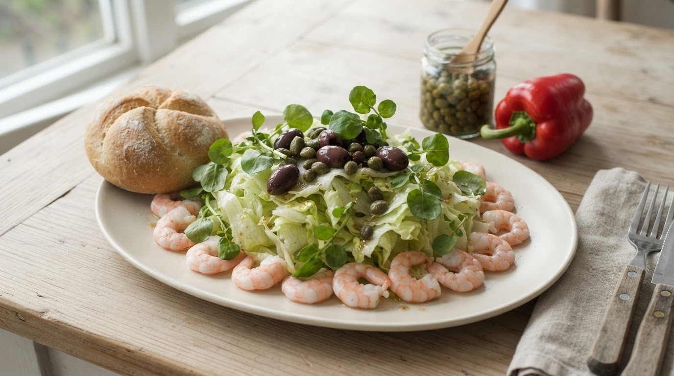 Maaltijdsalade met garnalen en ijsbergsla