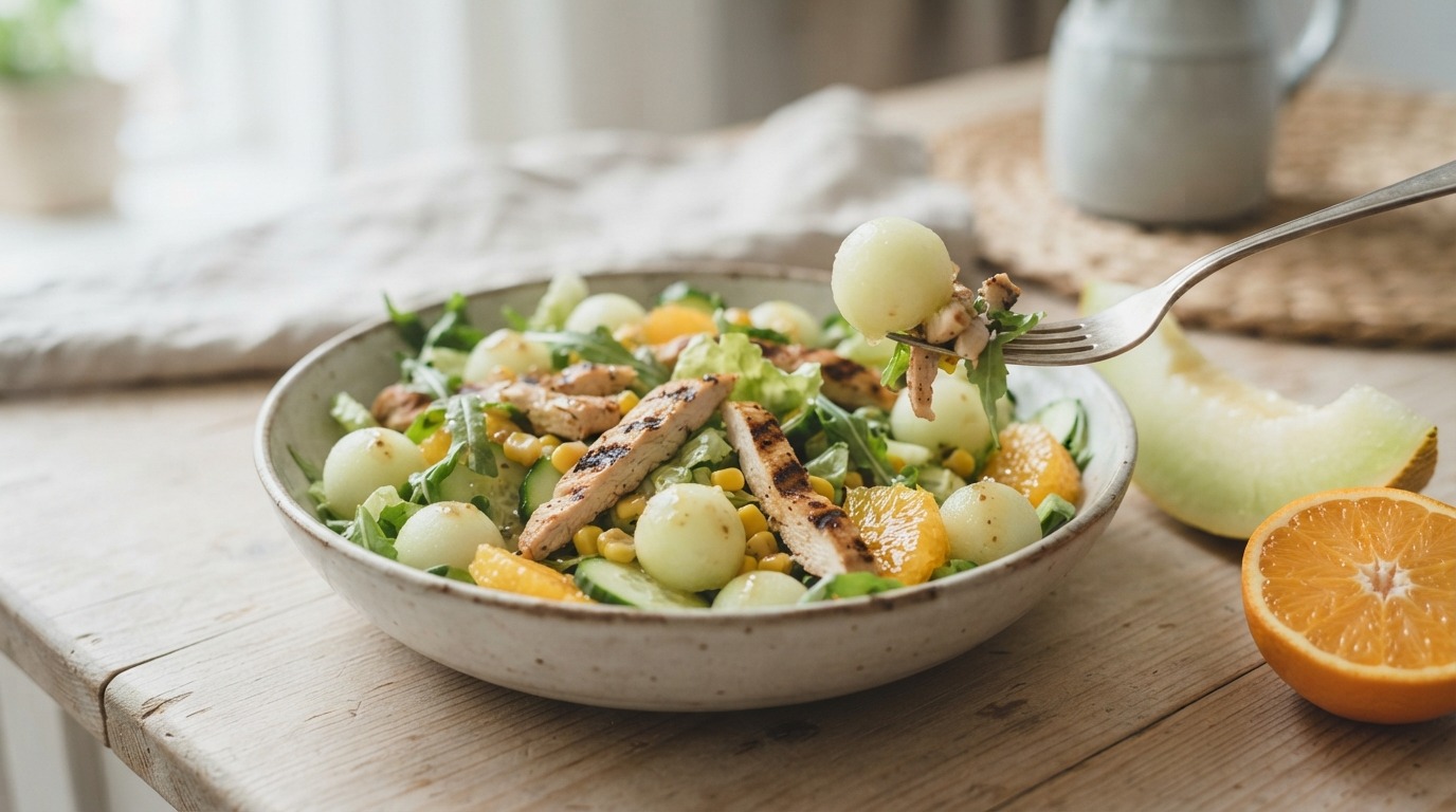 Maaltijdsalade met meloen en kip