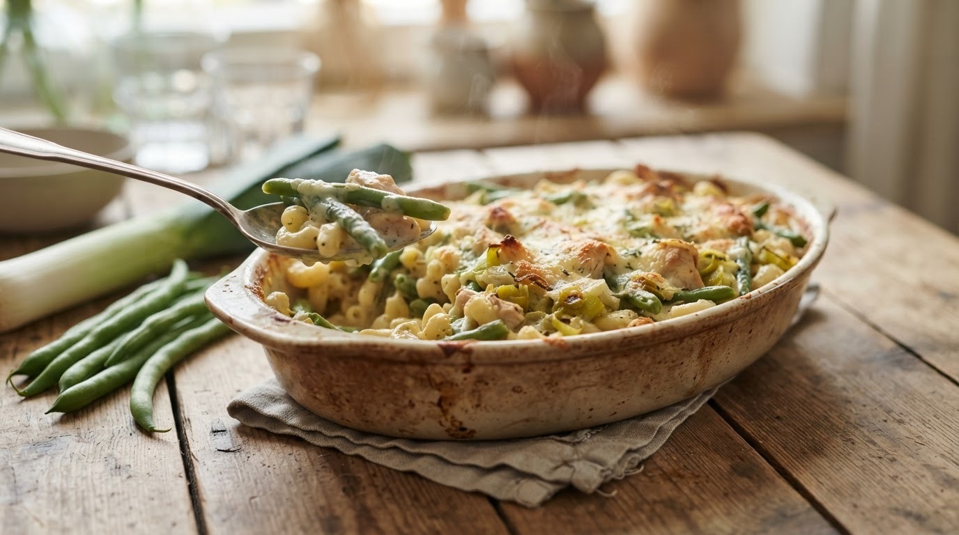 Macaroni met boontjes en Franse kruidenkaas