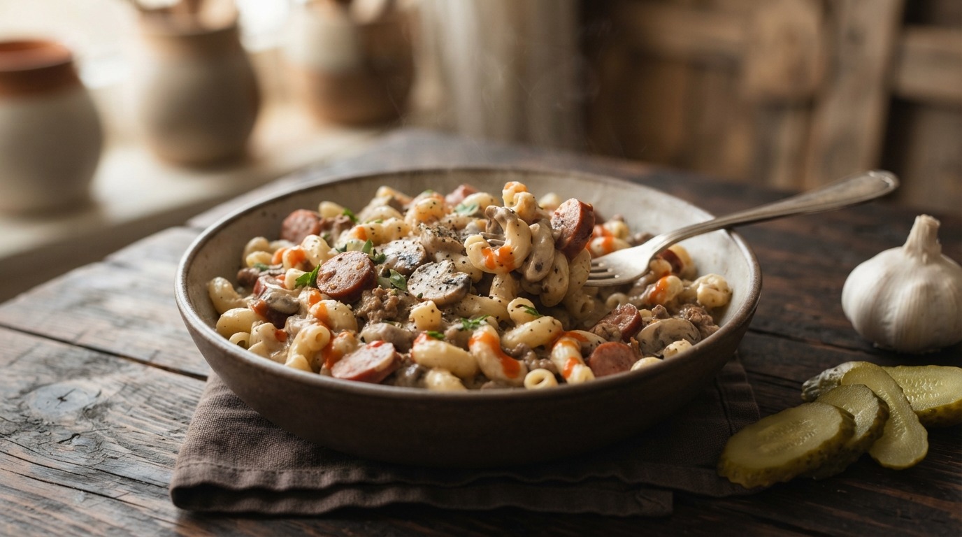 Macaroni met boterhamworst en tabasco