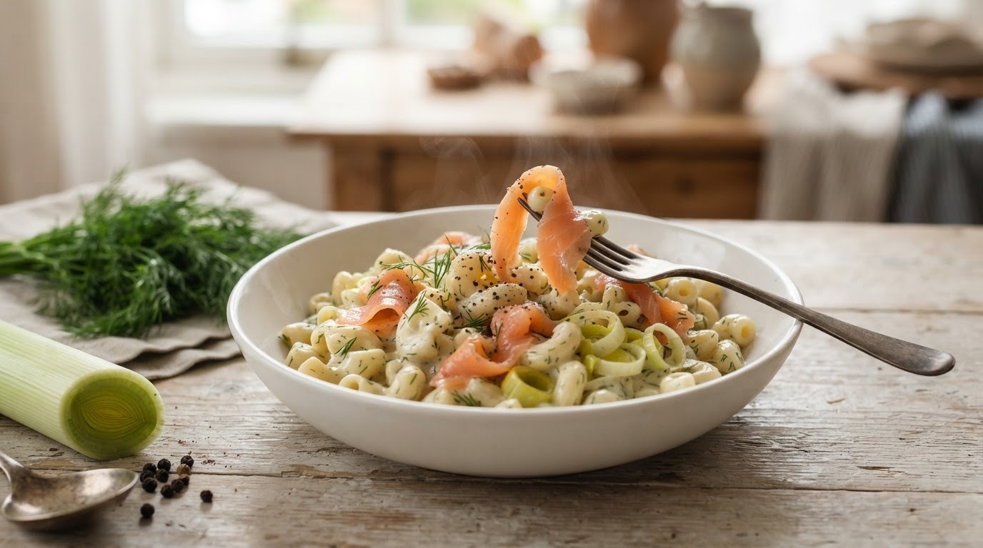 Macaroni met gerookte zalm en dille-roomsaus voor 2 personen