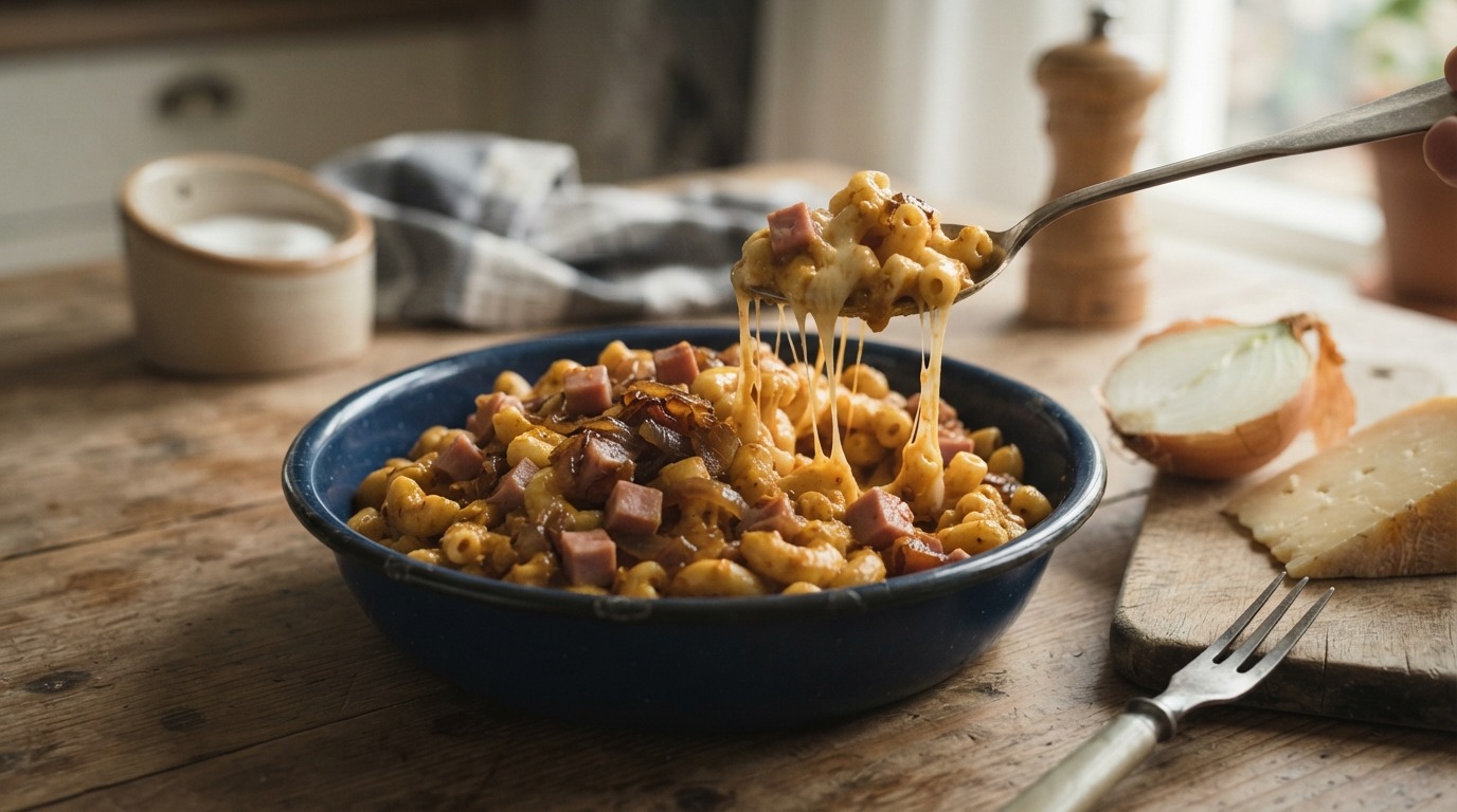 Macaroni met ham, ui en kaas
