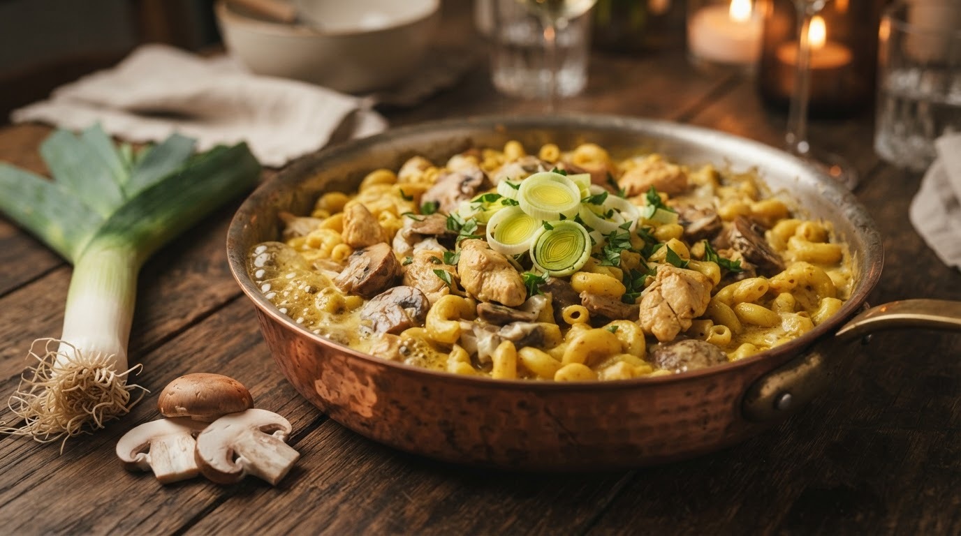 Macaroni met kip, prei en roomkaas