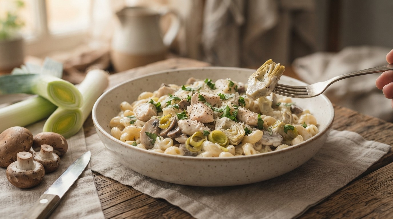 Macaroni met kip, prei en roomkaas