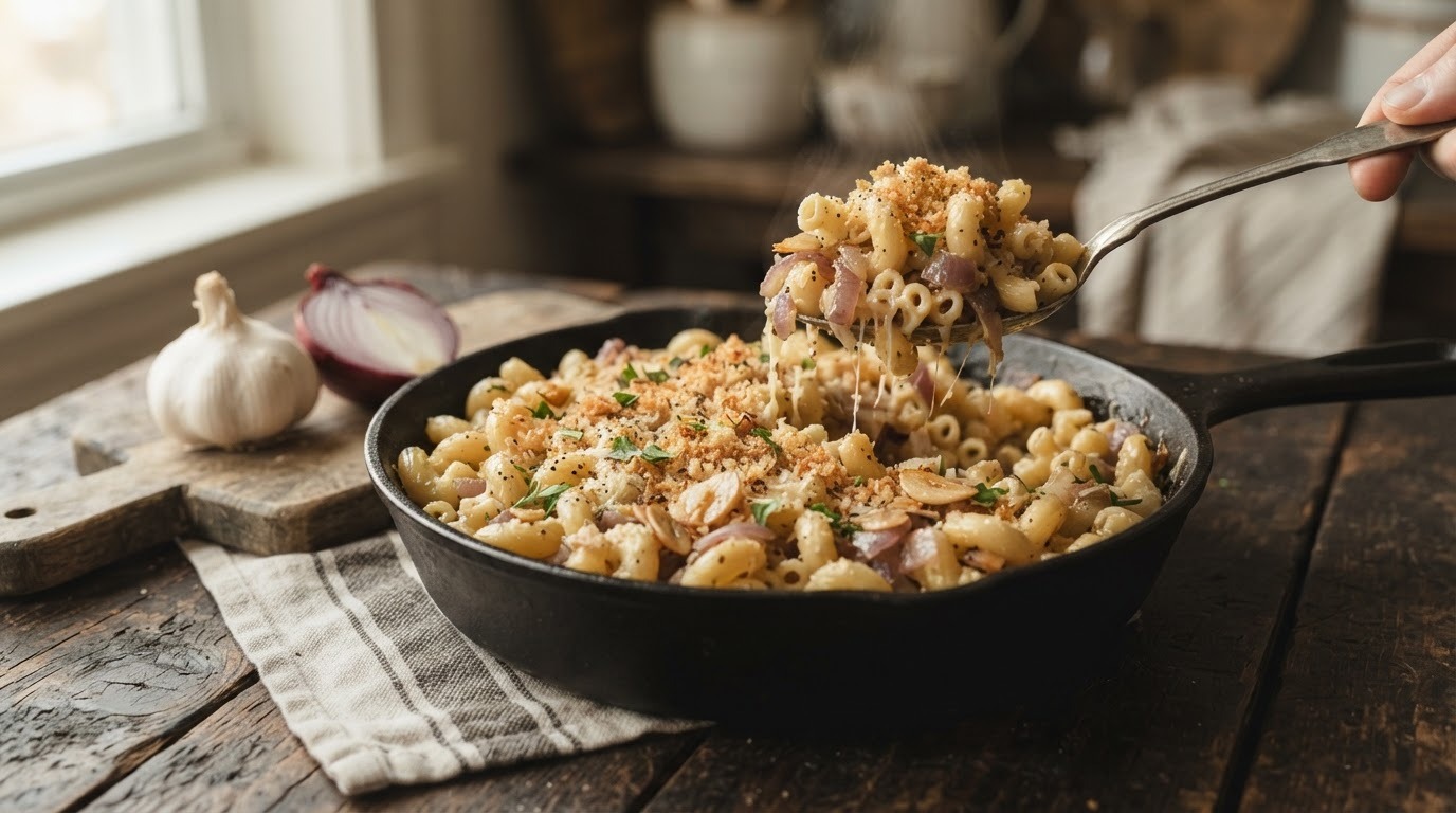 Macaroni met knoflook, rode ui, en geraspte belegen kaas
