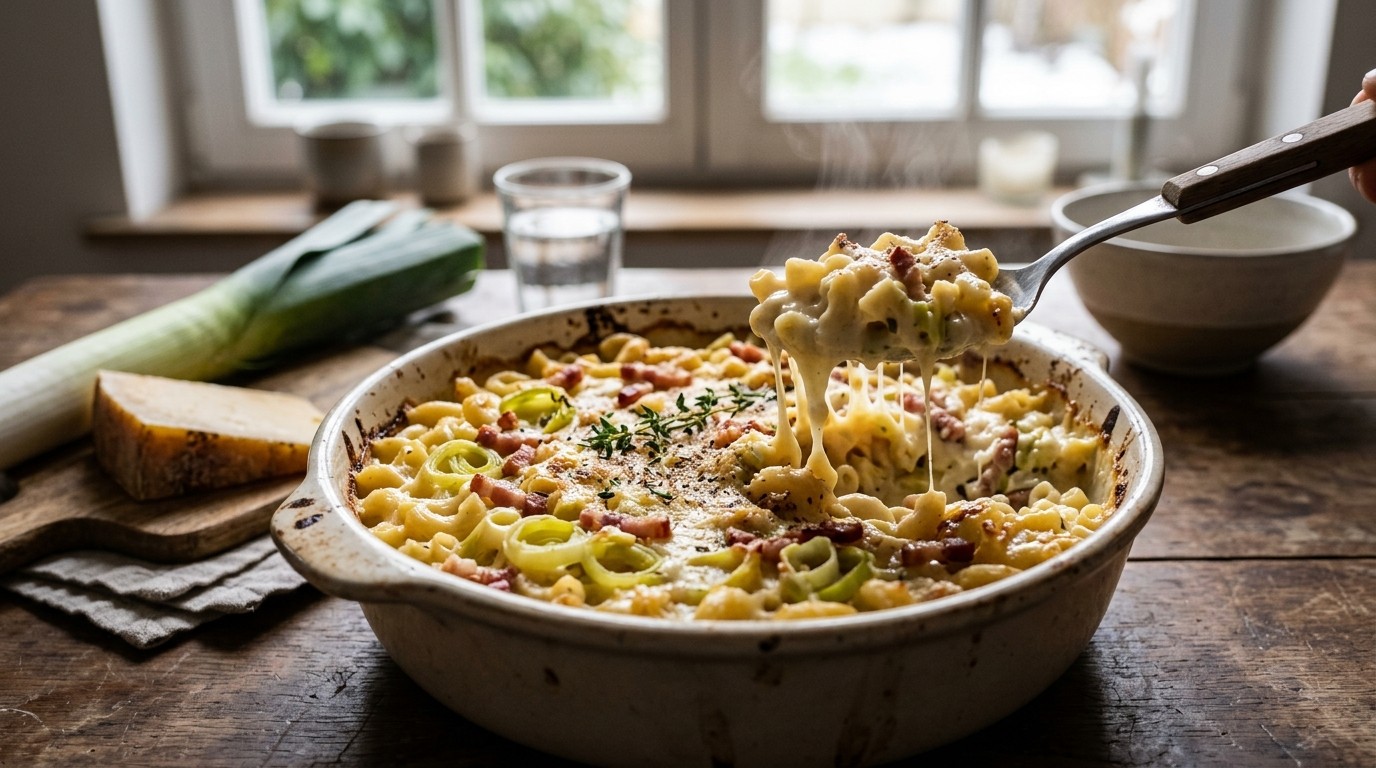 Macaroni met Prei en Spekblokjes in Kaassaus