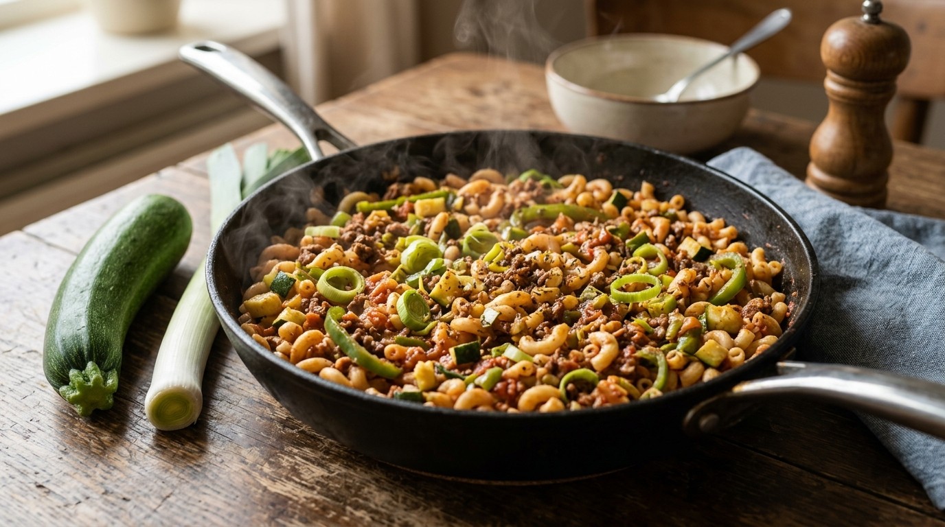 Macaroni met Rundergehakt, Prei, Courgette en Paprika