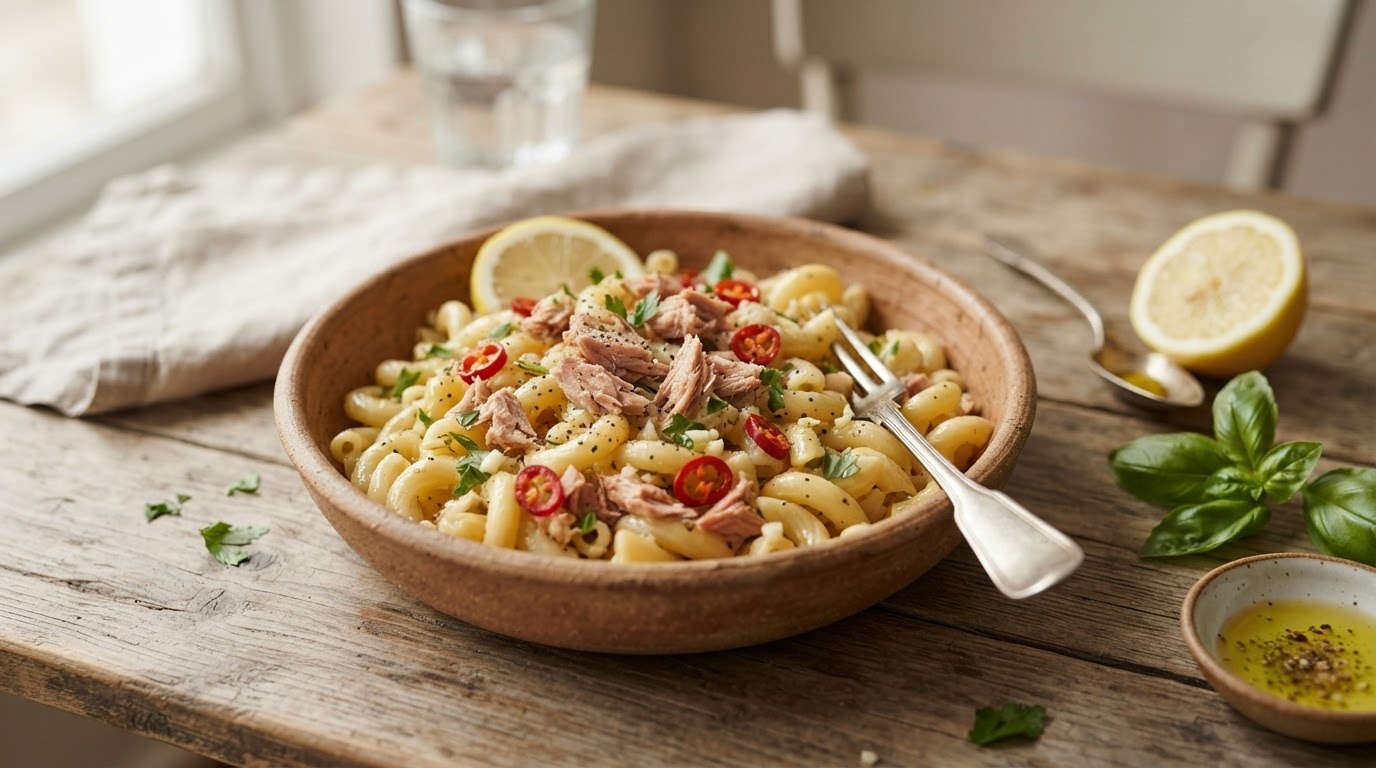 Macaroni met tonijn, knoflook en rode pepers