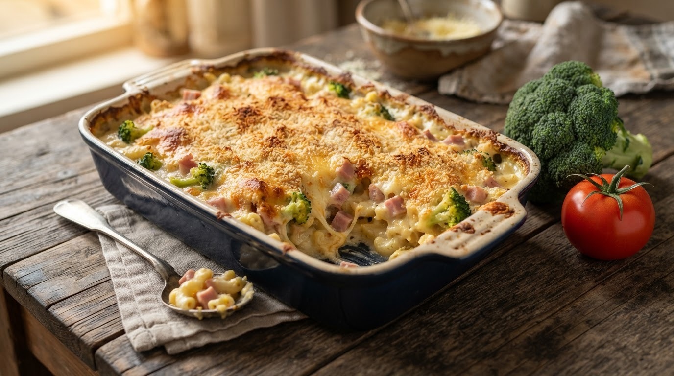 Macaroni uit de oven met ham en broccoli