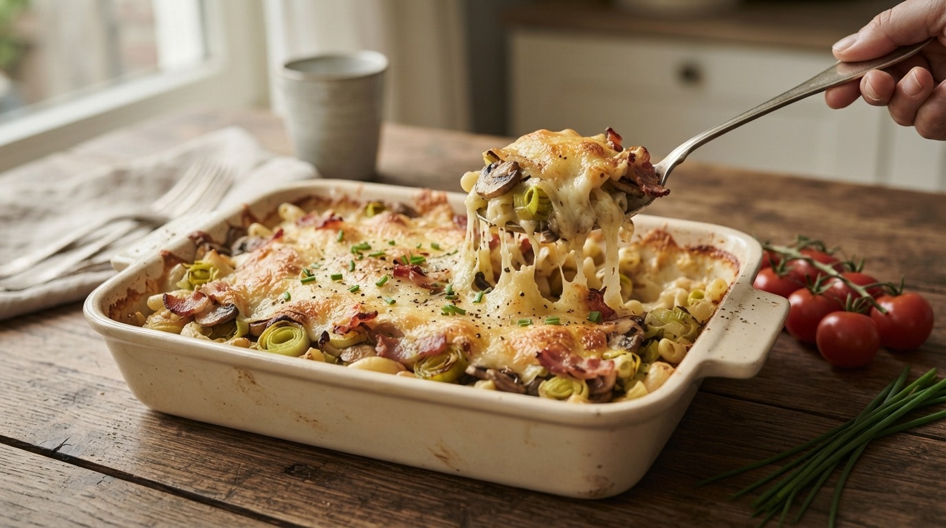 Macaronischotel met prei, champignons, paprika, ham en spekjes