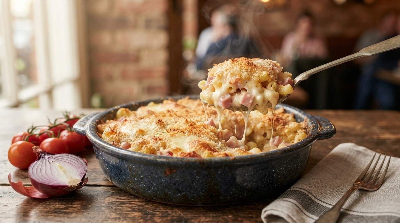 Macaronischoteltje met ham en kaas