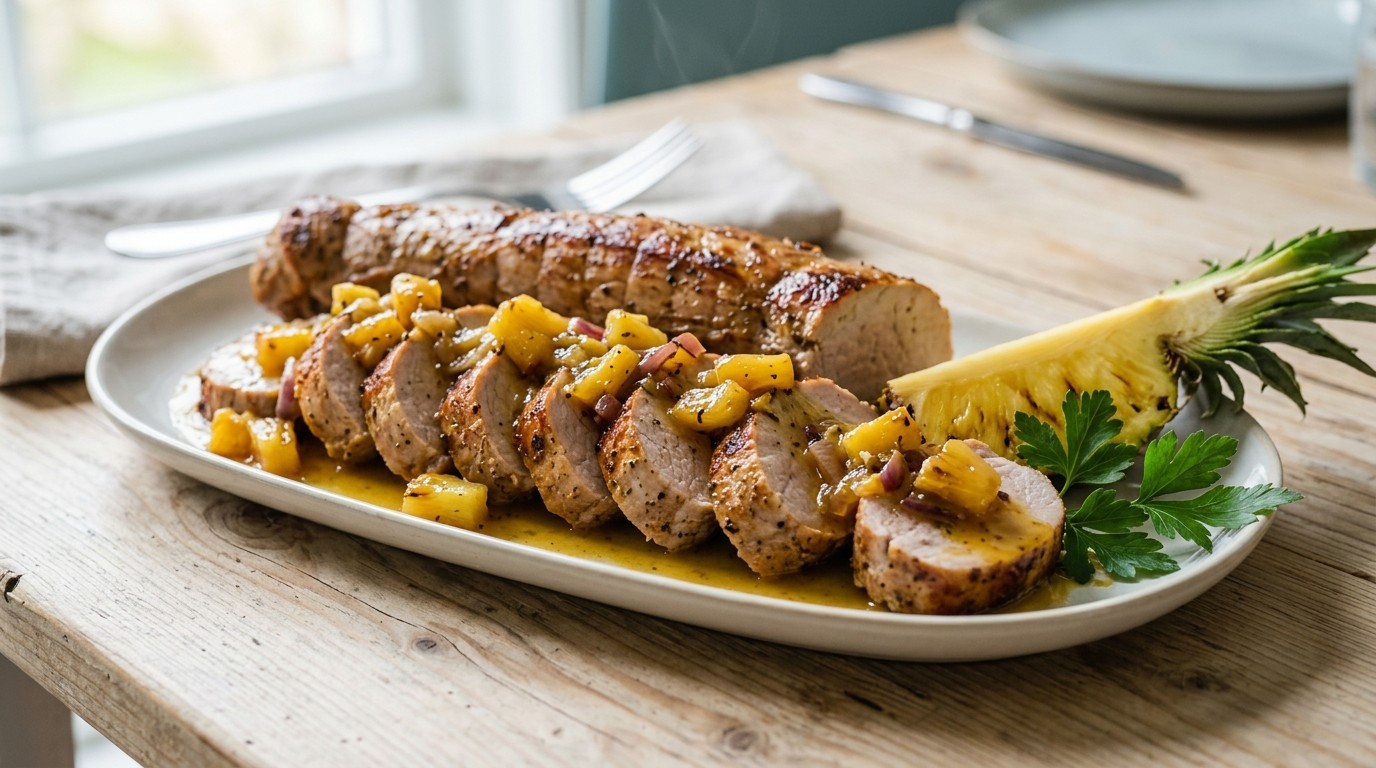 Magere varkensfilet met warme ananassaus