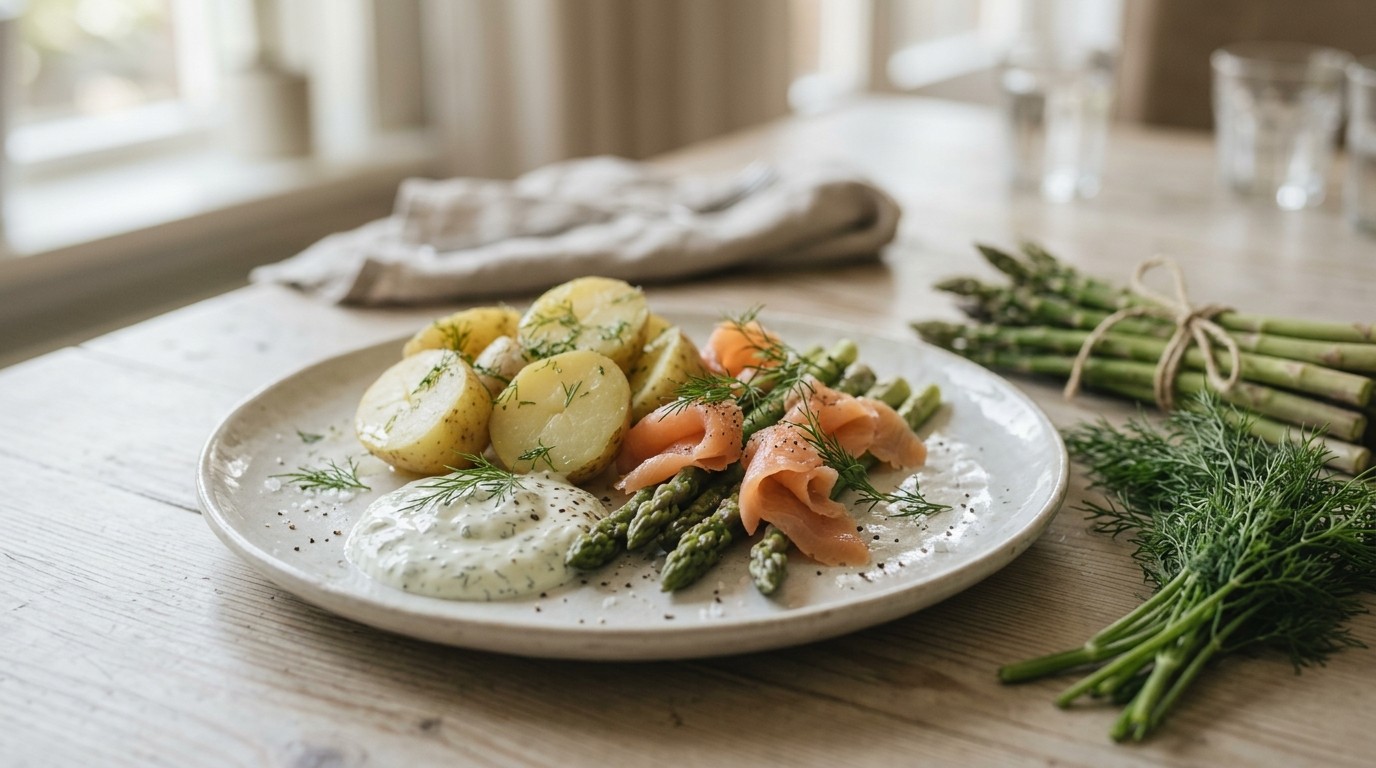 Magere zomerschotel met asperges en gerookte zalm
