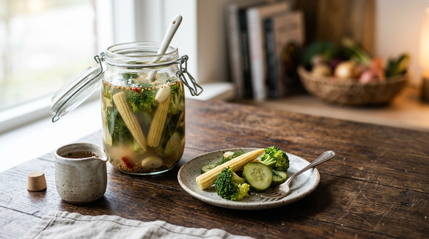 Maiskolfjes-broccoli-komkommer Zoetzuur