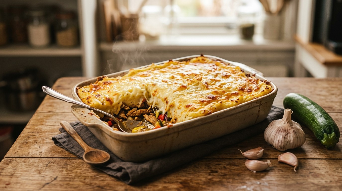 Makkelijke ovenschotel met shoarmavlees en knoflookpuree