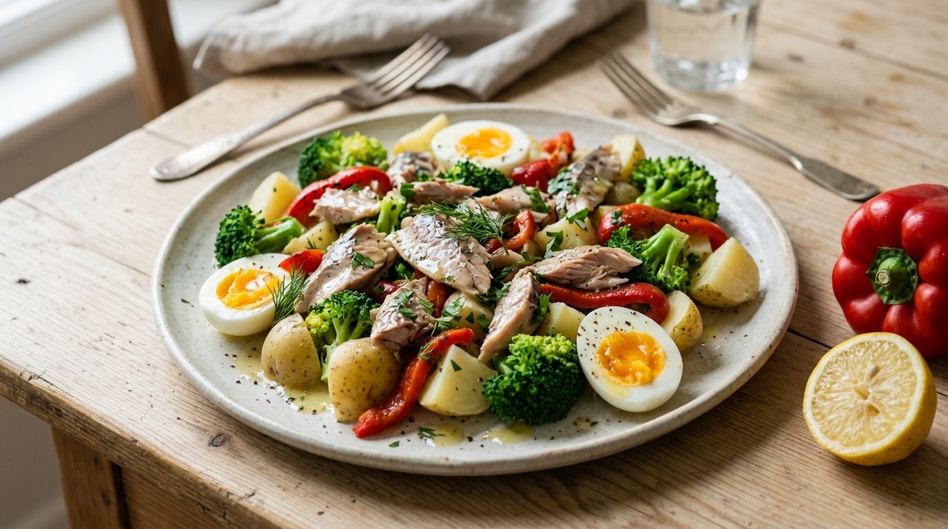 Makreelsalade met broccoli en paprika