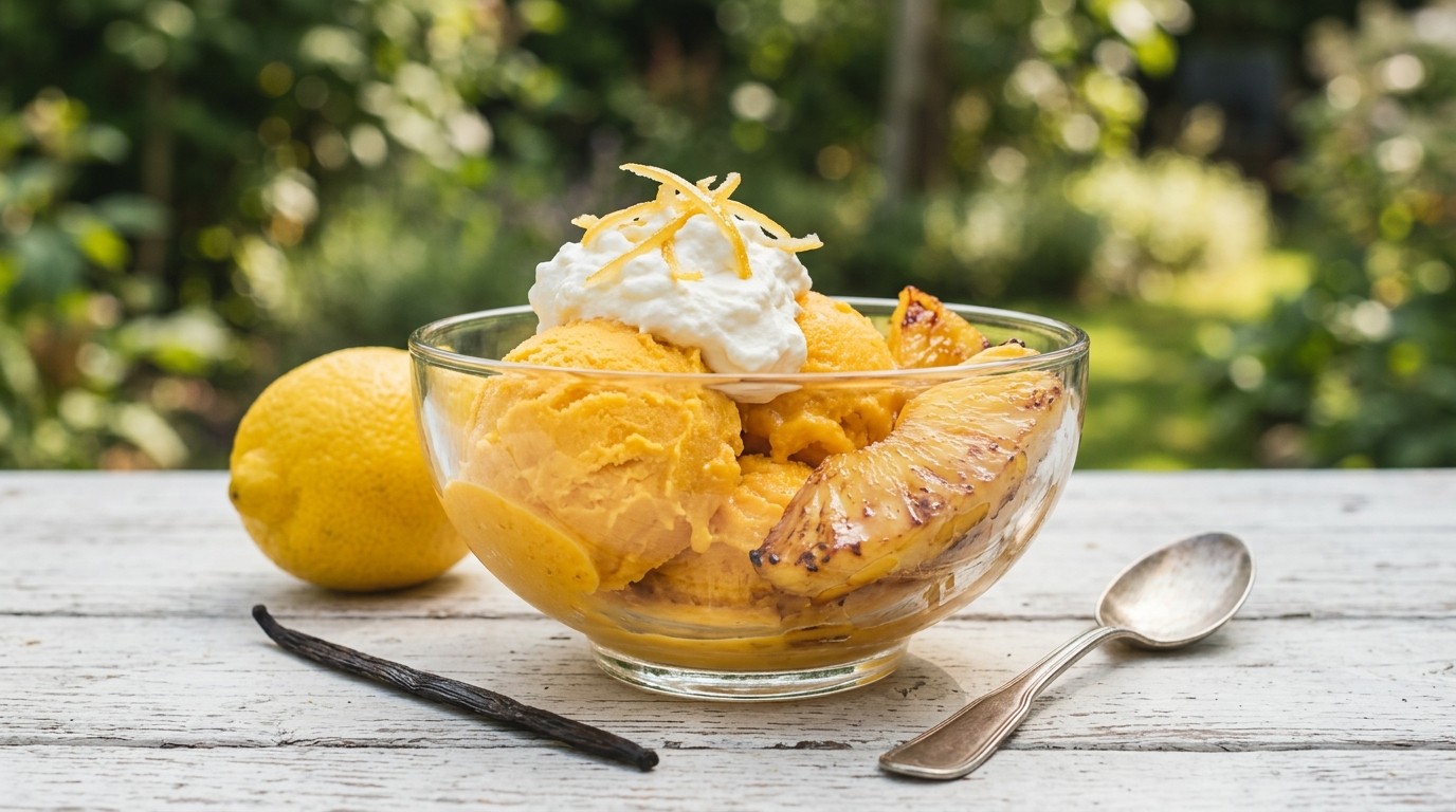 Mangoijs met Gekarameliseerde Ananas en Citroenschil