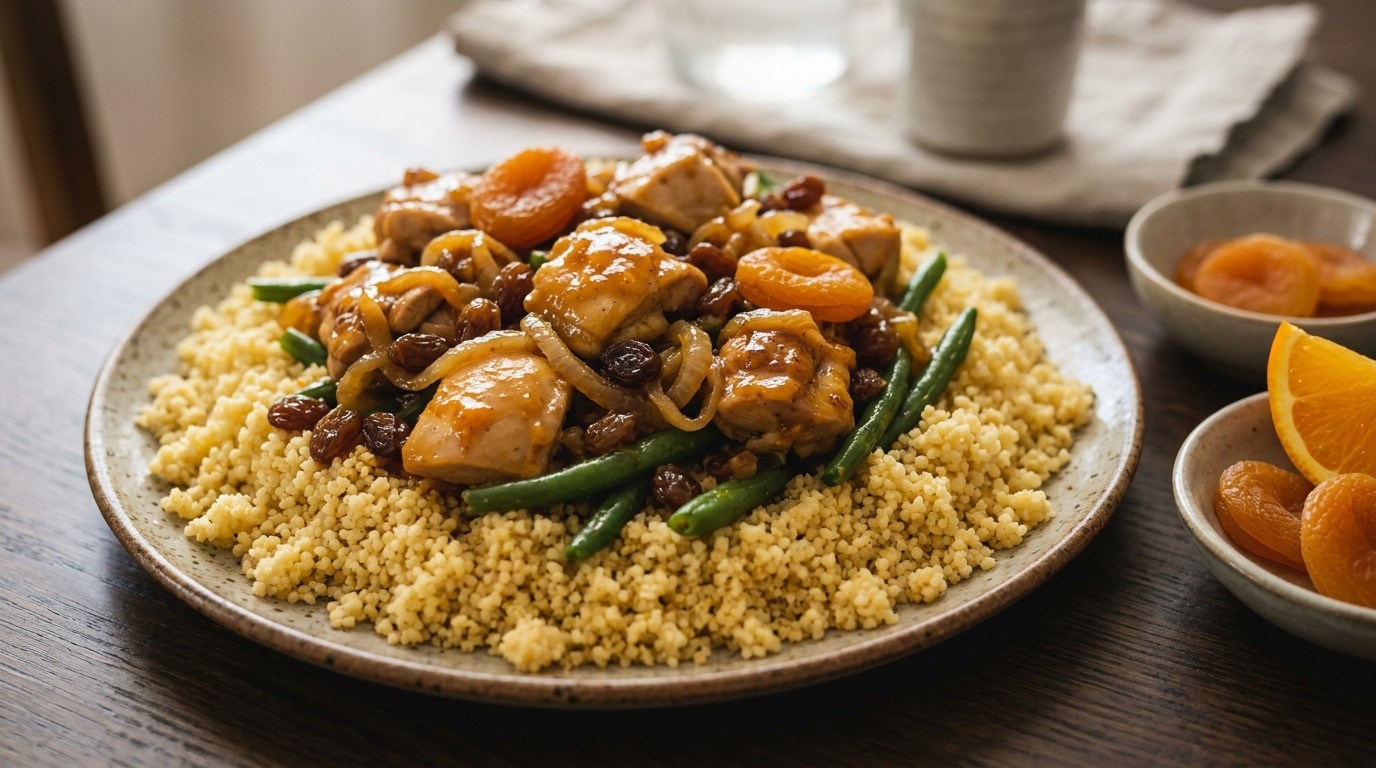 Marokkaanse couscous met kipfilet in abrikozenjus