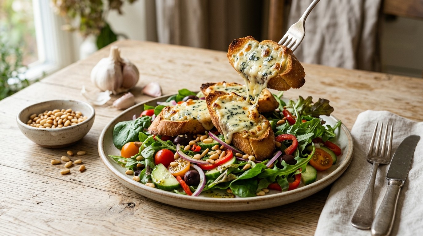 Mediterrane salade met blauwe kaascrostini