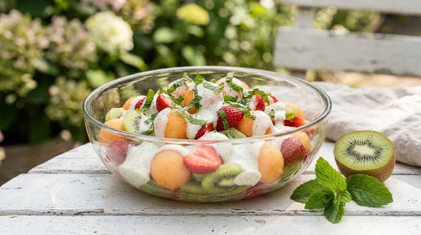 Meloen -aardbeiensalade met munt-yoghurtsaus