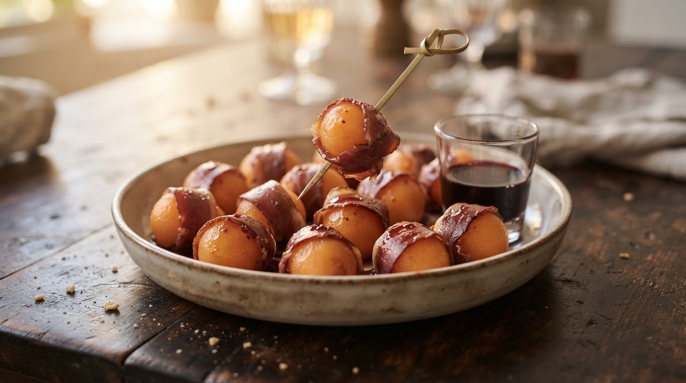 Meloenbolletje met rookvlees en port