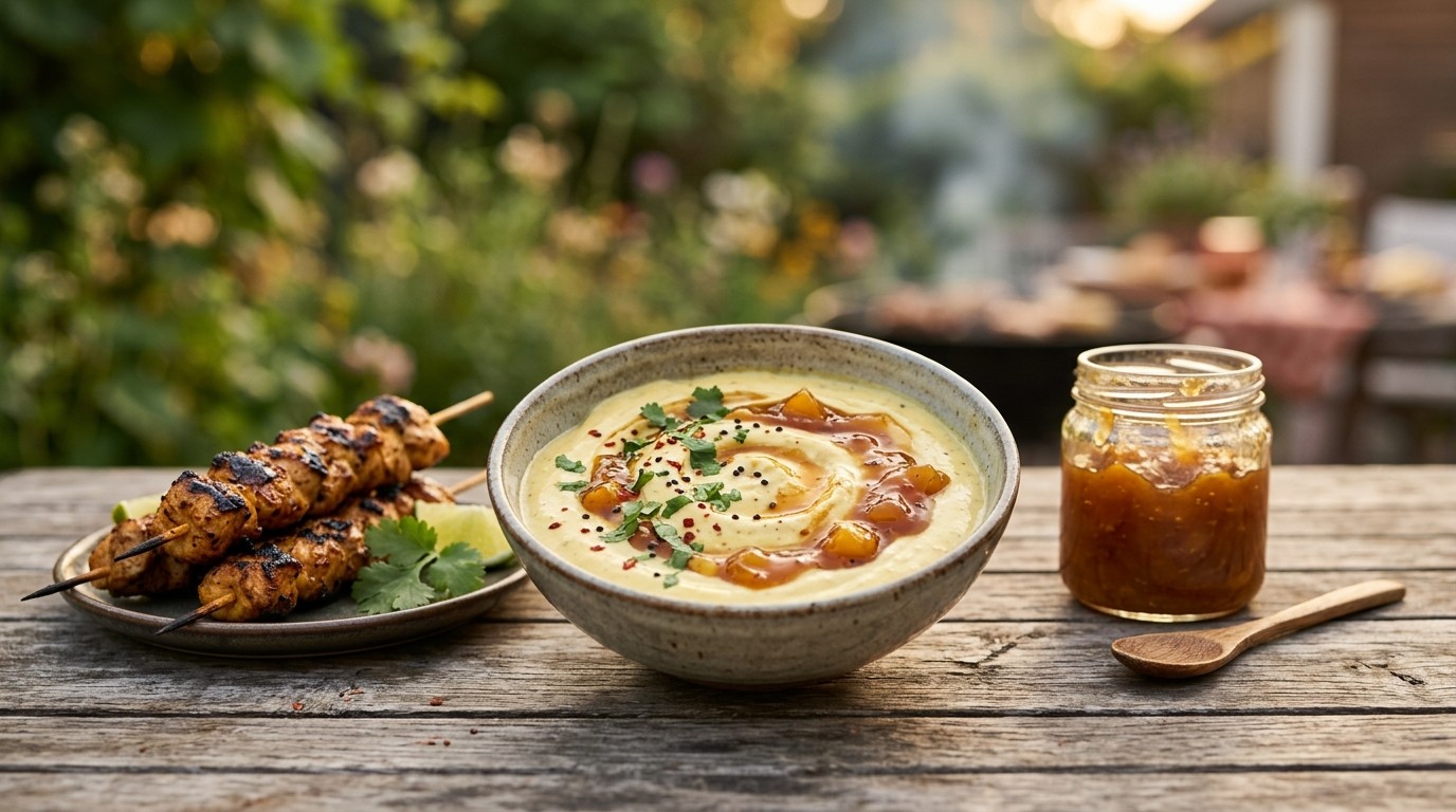 Merriesaus met mangochutney en magere kwark