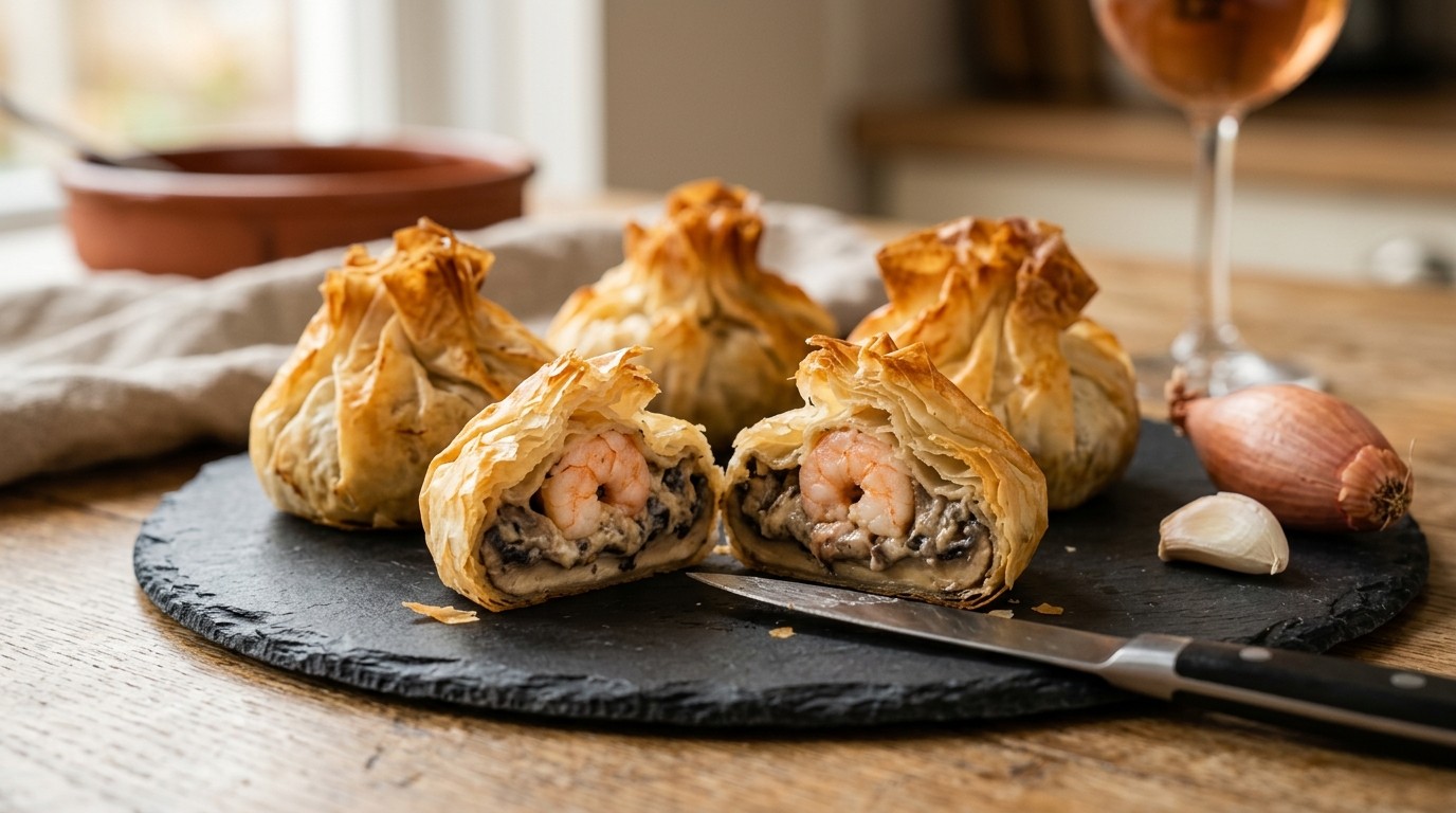 Met gamba’s gevulde champignons in filodeeg