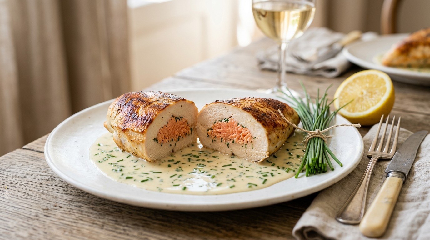 Met zalm gevulde kipfilet met bieslooksaus
