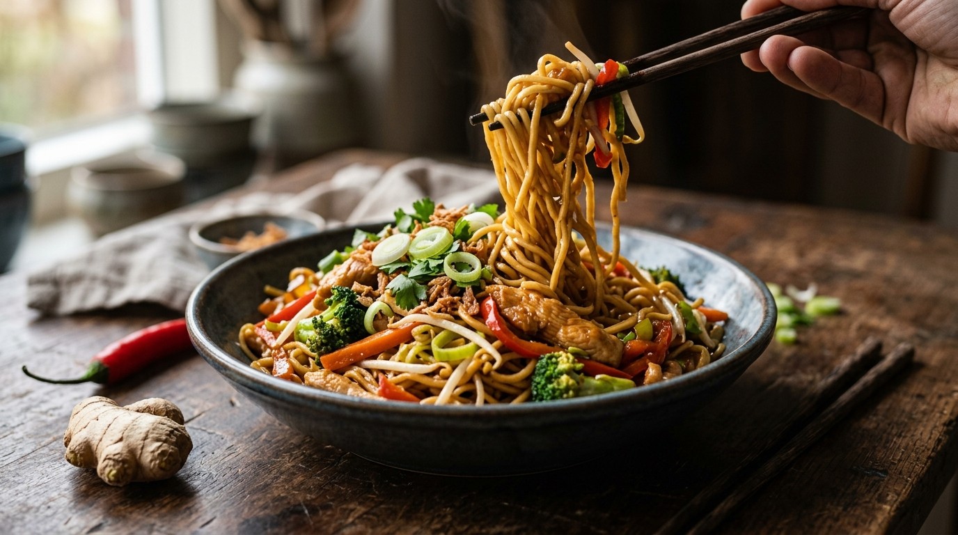Mie Ajam Sajoer (mie met kip en Groente)