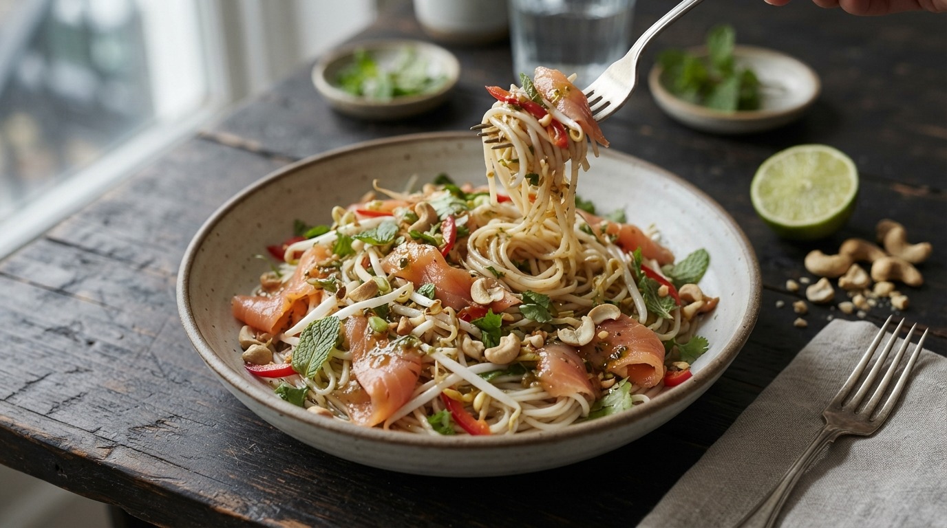 Mie met gerookte zalm