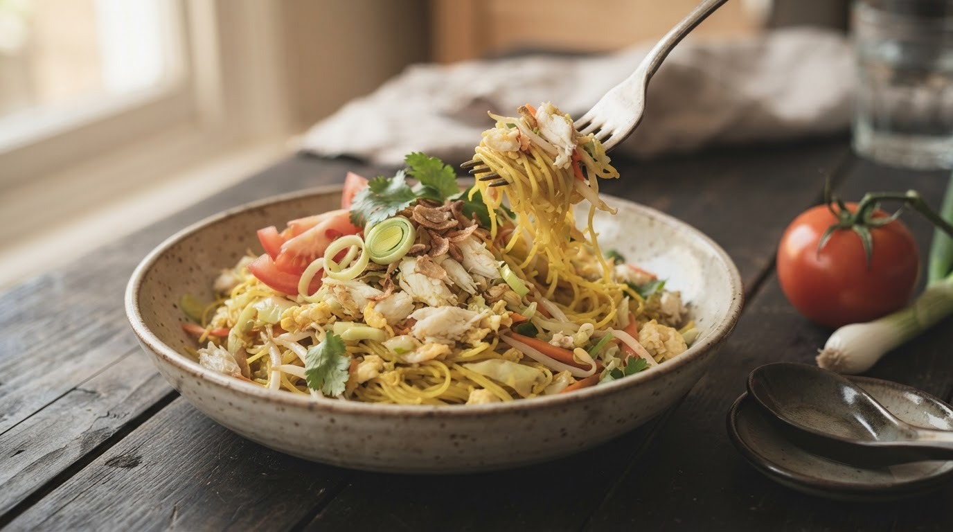 Mihoen Goreng met krab en ei
