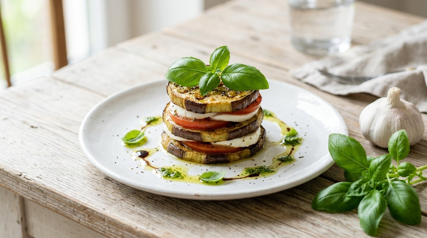 Millefeuilles van Aubergine, Mozzarella en Tomaat