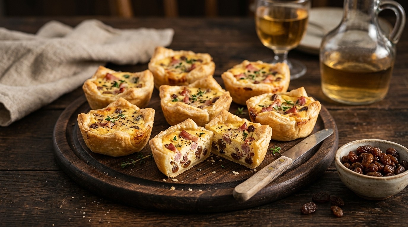 Miniquiches met Katenspek en Rozijntjes