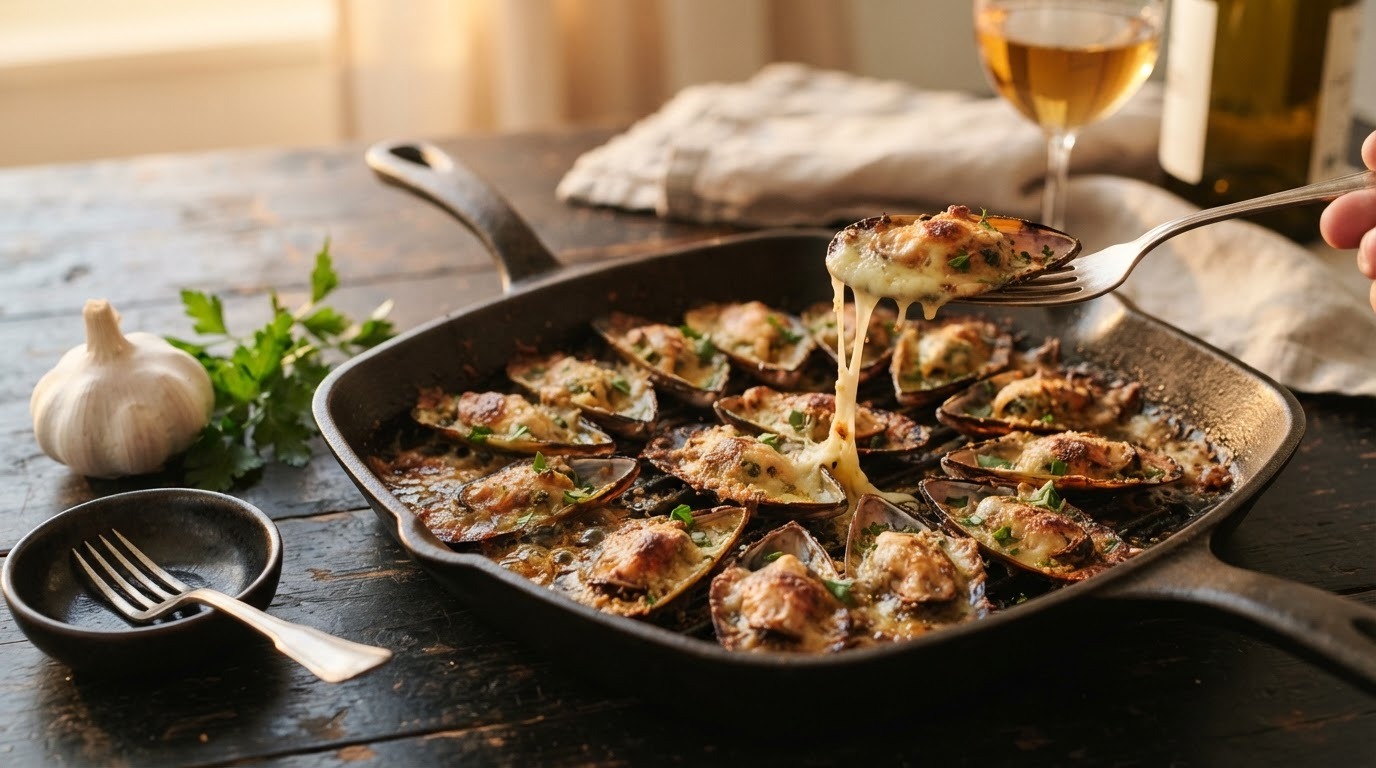 Mosselen uit de grill met oude kaas