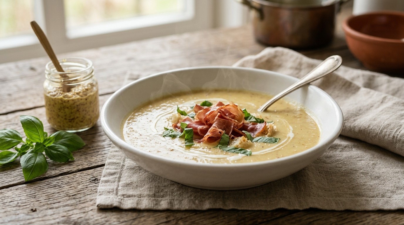 Mosterdsoep met ham en Basilicum