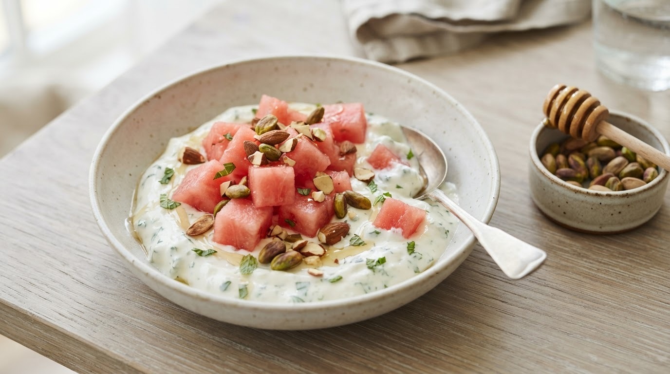 Muntyoghurt met watermeloen en noten
