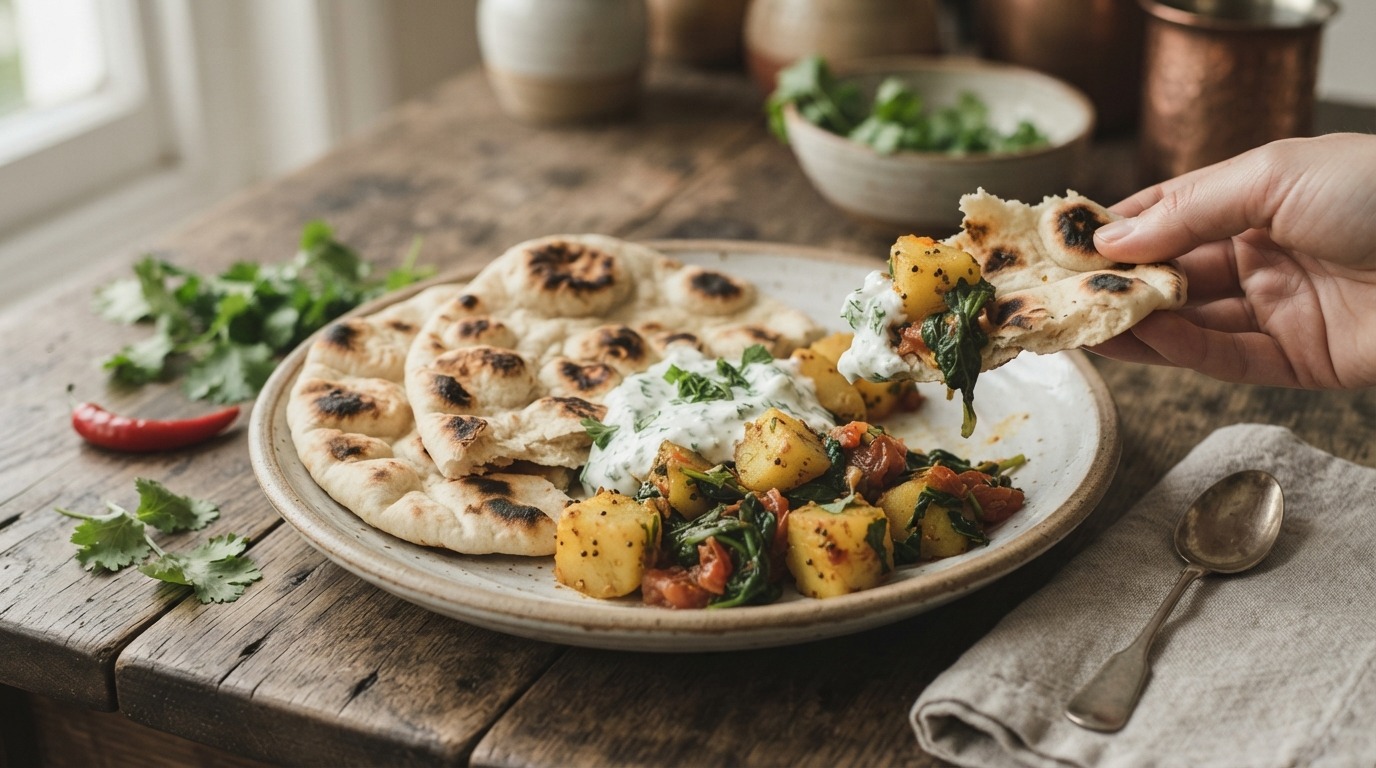 Naanbrood met pikante aardappels