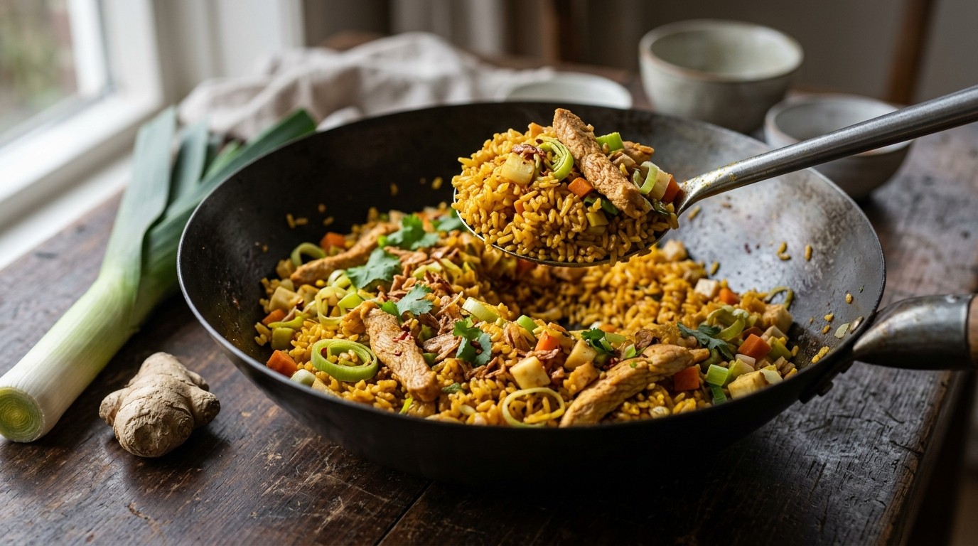 Nasi goreng met frisse groenten en kalkoenfilet